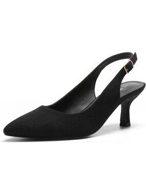 Women's Low Kitten Heels Slingback Black-Suede Pointed Closed Toe Dress Shoes